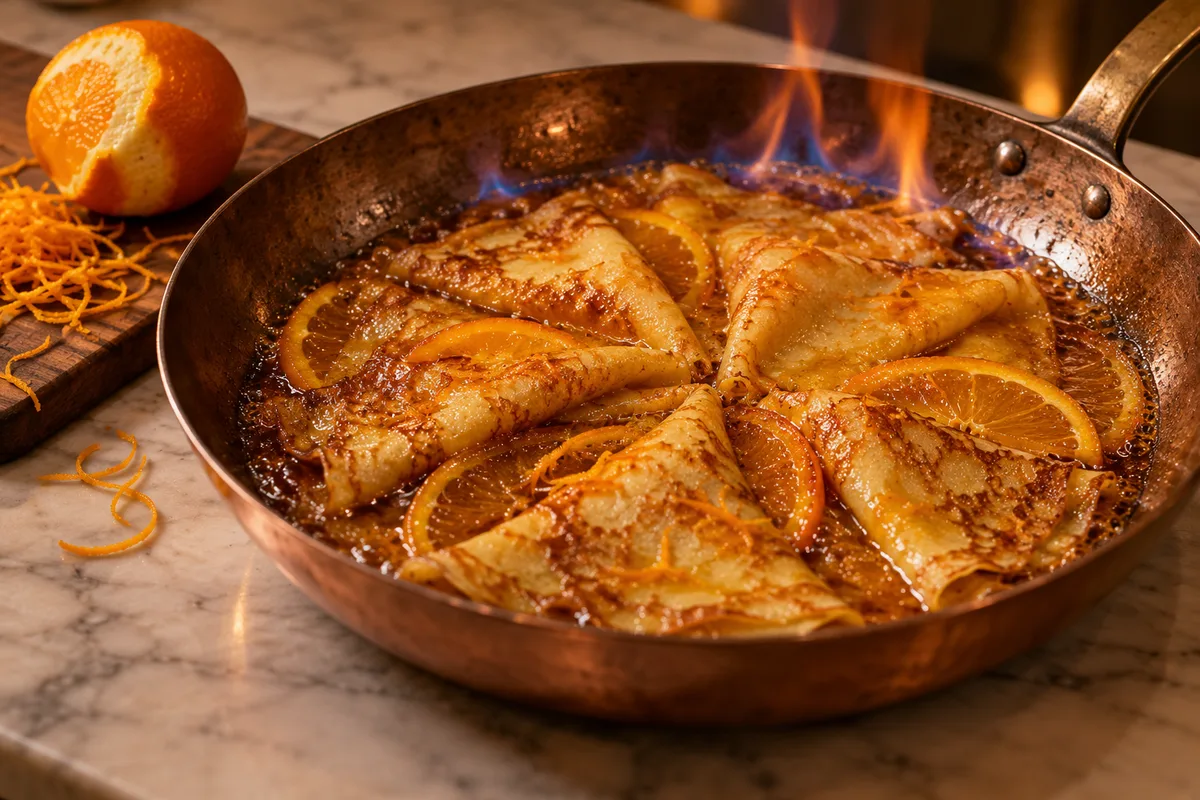 Crêpe Suzette : beurre d'orange et flambage